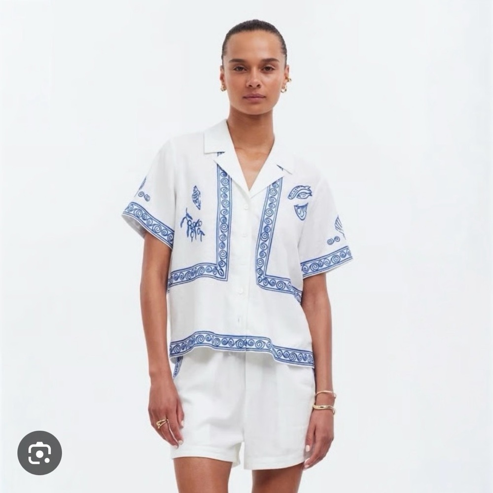 NWT Madewell x Lisa Says Gah White and Blue Embroidered Shirt & Short Set